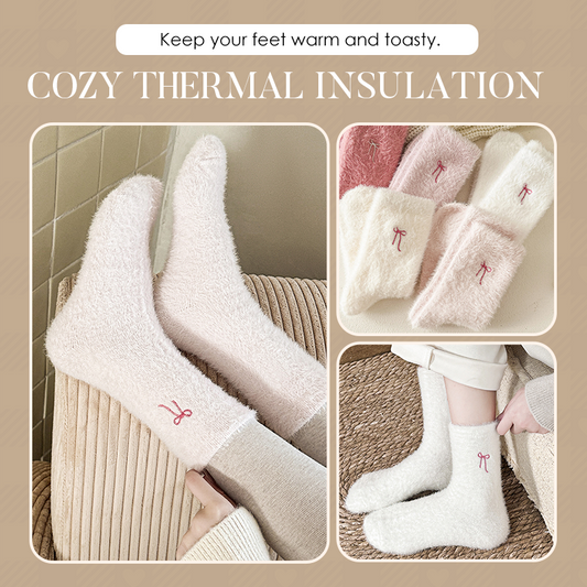 Plüschige Mink-Socken für Damen mit Schleifenstickerei
